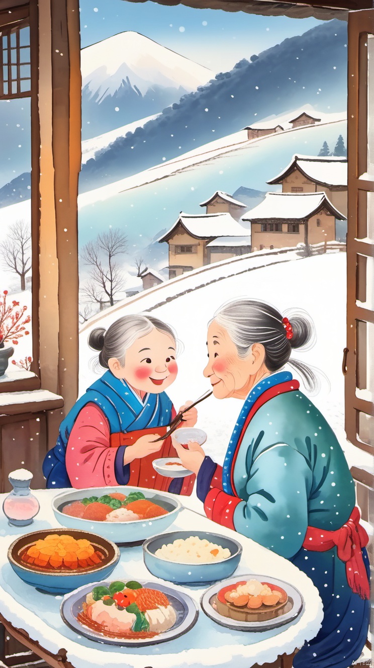 乡村, An idyllic countryside vista with undulating hills and quaint ,illustration,snowing,(((indoors))),(((an old woman having dinner with her granddaughter))),