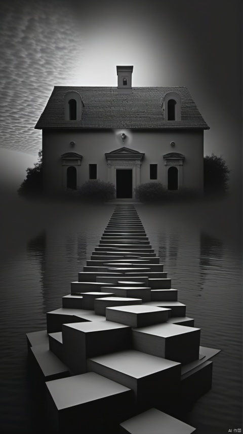 surrealism, Jerry Uelsmann, dreamlike photomontage, juxtaposition of disparate elements, high contrast black and white, long exposure,motion blur, intricate textures, mystical symbols, dramatic chiaroscuro lighting, wide angle lens, deep depth of field, uncanny atmosphere, psychological tension, Ilford HP5 film, darkroom techniques