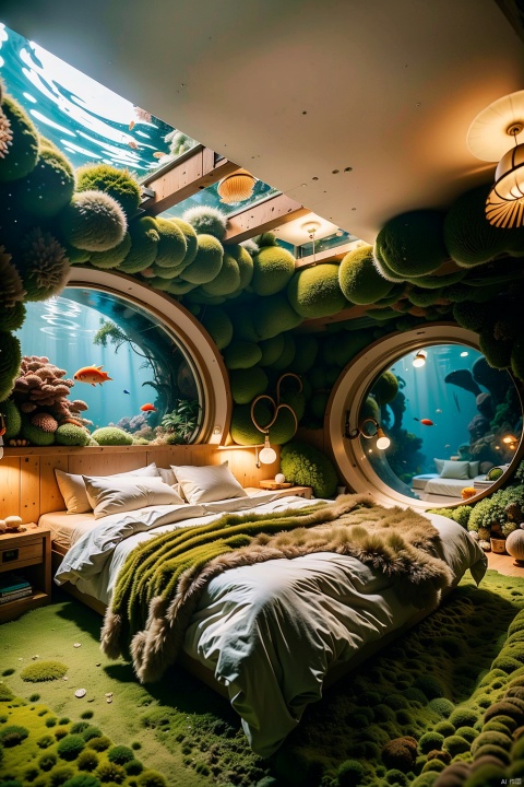  A bedroom under the sea, surrounded by dreamy mushrooms. The walls are made of colorful corals and anemones, with glowing jellyfish and colorful fish swimming above through the ceiling. The bedroom is elegantly decorated with a bed made of shells and seaweed, with a conch shell lamp beside it. The whole room is filled with a mysterious and enchanting ocean atmosphere, suitable for high-definition underwater photography, intricate details, clear focus, vivid colors, realistic art, suitable for framing, interior design, and fine art prints.