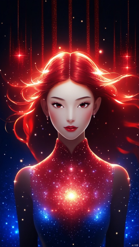  (red light particles:1.5),Light particle skin,Light particle energy fluid,(Light particles covering the body:1.5),Light Particle Art,Light particle effects,1girl,red skin,blue eyes,earrings,jewelry,light particles,parted lips,red hair,solo,Light particles covering the body, glow,smiling,