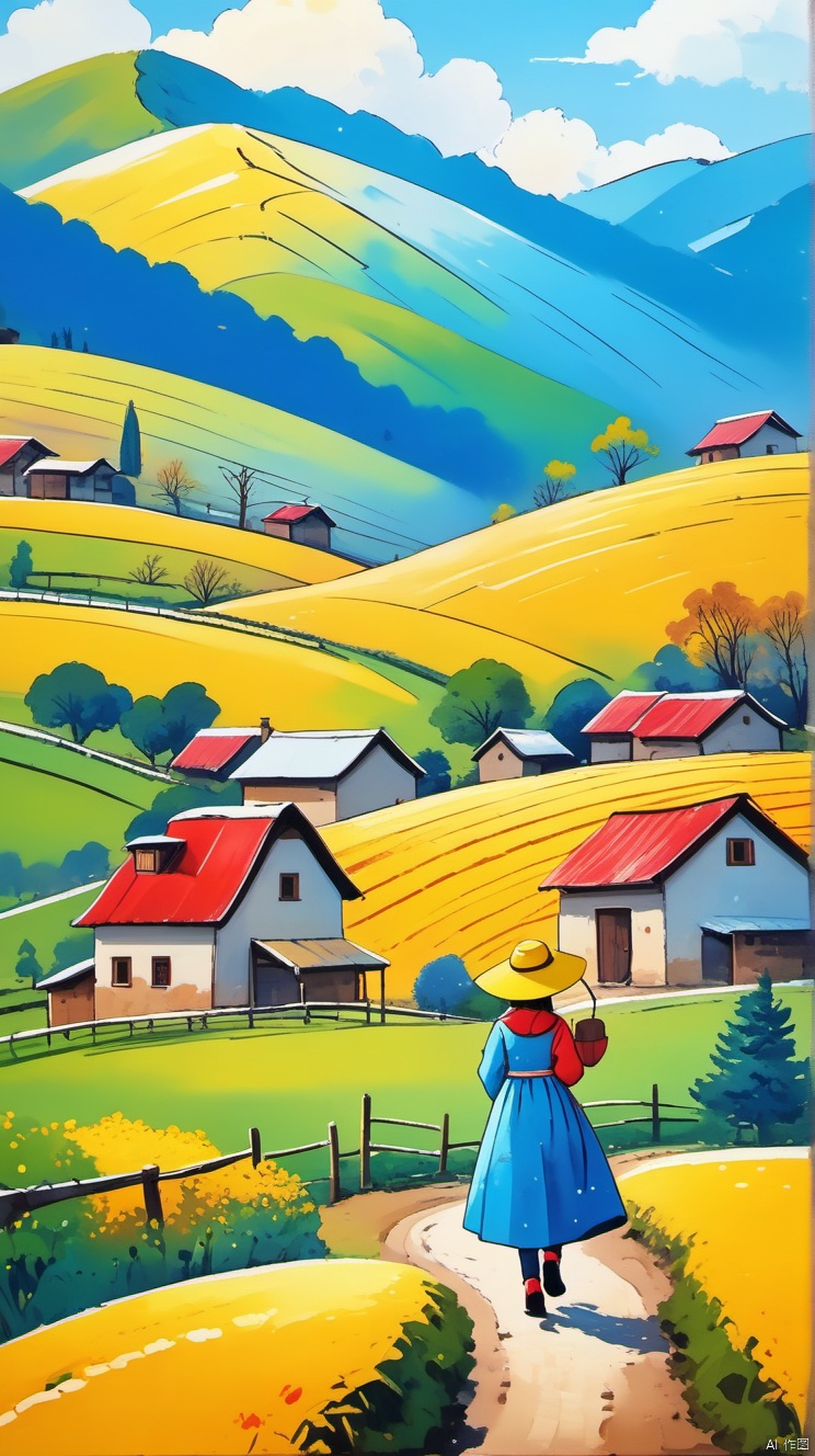 乡村, An idyllic countryside vista with undulating hills and quaint farmhouses, in the style of poster art, hyper-detailed, richly colored skies, colorful, Oilpainting,cozyanimationscenes,illustration,snowing,1girl,black shoes,blue dress,yellow hat,