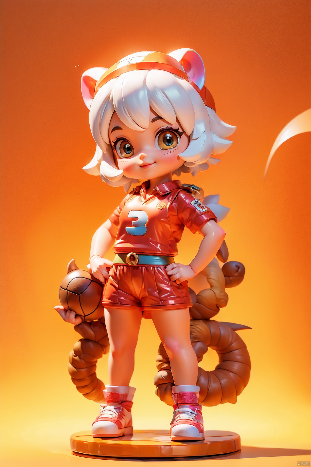  1 girl, (3 years :1.9), solo, (Q version :1.6), IP, determined expression, Mianyang horn, animal features, blush, basketball uniform, simple white background, white hair, hedgehog head, hands on hips