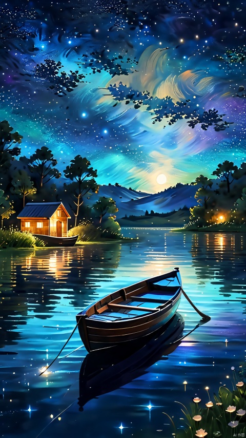  Deep night,serene lake,small wooden boat,starry sky,reflections of stars in the lake,boat floating as if on a milky way, dark color tones,soft moonlight,subtle ripples in the water,calm atmosphere,tranquil solitude,impressionistic style, (masterpiece, best quality, perfect composition, very aesthetic, absurdres, ultra-detailed, intricate details, Professional, official art, Representative work:1.3),1girl