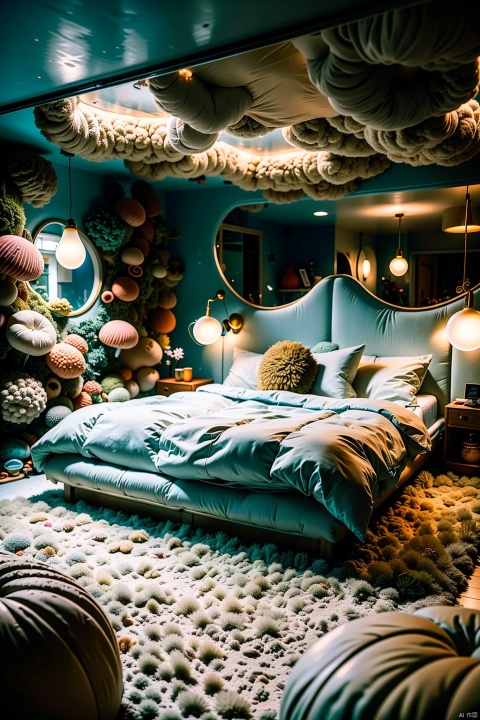  A bedroom under the sea, surrounded by dreamy mushrooms. The walls are made of colorful corals and anemones, with glowing jellyfish and colorful fish swimming above through the ceiling. The bedroom is elegantly decorated with a bed made of shells and seaweed, with a conch shell lamp beside it. The whole room is filled with a mysterious and enchanting ocean atmosphere, suitable for high-definition underwater photography, intricate details, clear focus, vivid colors, realistic art, suitable for framing, interior design, and fine art prints.