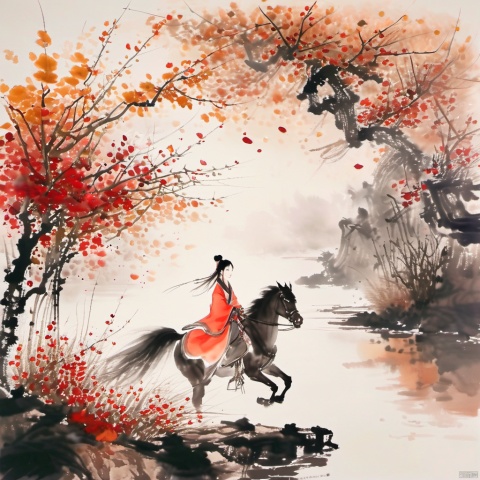  ink-painting,Chinese ink and wash,(1girl:1.5),autumn, autumn_leaves, bare_tree, branch, horseback_riding, outdoors, red_hanfu, solo
