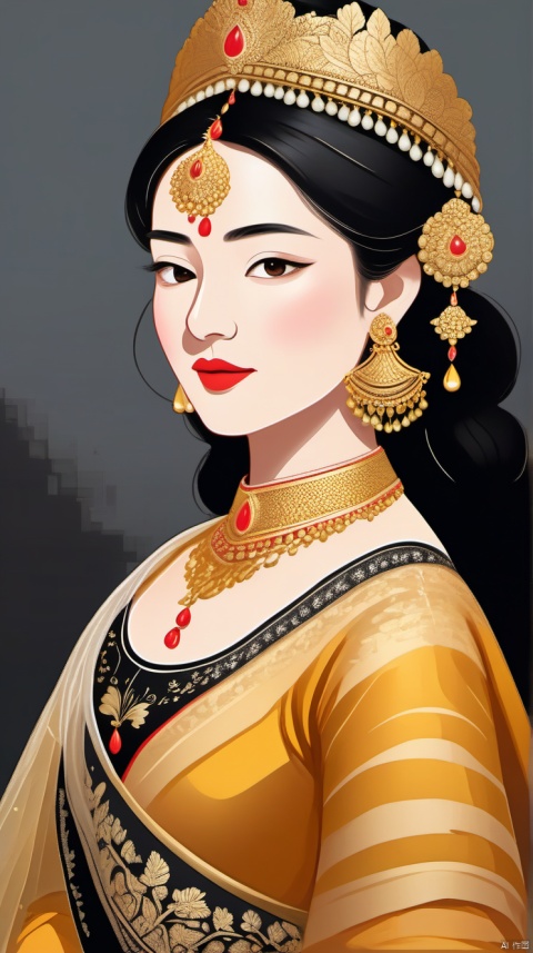 A close-up view of the woman reveals intricate details of her traditional attire. Her dress, a harmonious blend of black and white, is adorned with delicate floral embroidery along the sleeves and hem, showcasing the fine craftsmanship. Her jet-black hair is styled in a flowing manner, cascading down her back and shoulders, and is complemented by a pair of elegant golden earrings that catch the light with each movement. Her facial features are serene and poised, with a gentle smile that hints at a kind-hearted nature. The focus on her attire and accessories brings to life the rich cultural heritage and aesthetic sensibilities of the era