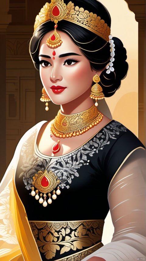  A close-up view of the woman reveals intricate details of her traditional attire. Her dress, a harmonious blend of black and white, is adorned with delicate floral embroidery along the sleeves and hem, showcasing the fine craftsmanship. Her jet-black hair is styled in a flowing manner, cascading down her back and shoulders, and is complemented by a pair of elegant golden earrings that catch the light with each movement. Her facial features are serene and poised, with a gentle smile that hints at a kind-hearted nature. The focus on her attire and accessories brings to life the rich cultural heritage and aesthetic sensibilities of the era,big breasts,smiling,