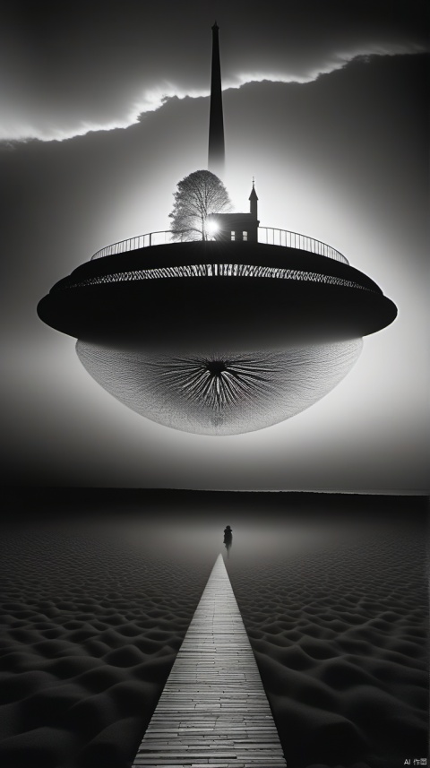  surrealism, Jerry Uelsmann, dreamlike photomontage, juxtaposition of disparate elements, high contrast black and white, long exposure,motion blur, intricate textures, mystical symbols, dramatic chiaroscuro lighting, wide angle lens, deep depth of field, uncanny atmosphere, psychological tension, Ilford HP5 film, darkroom techniques