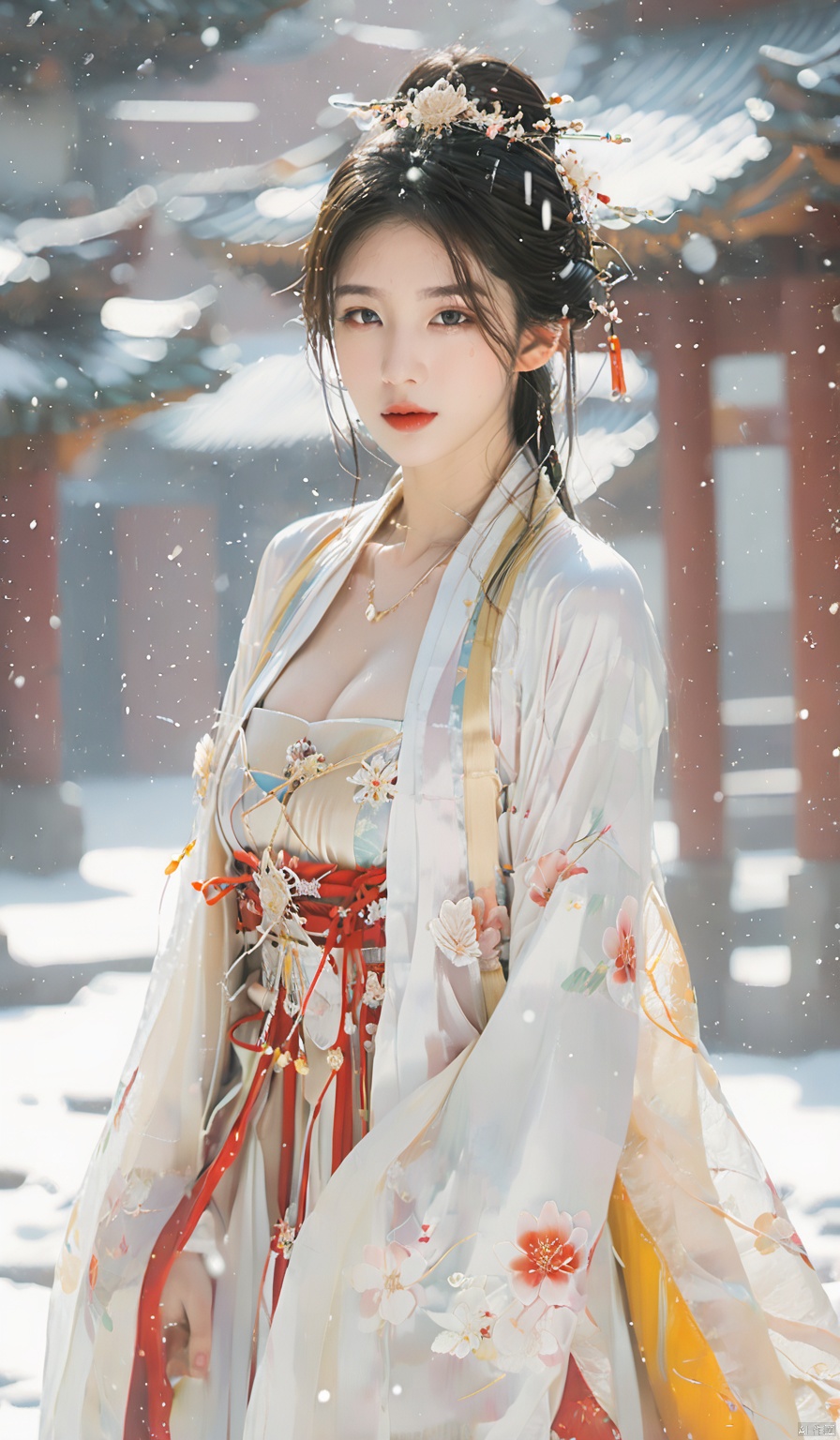  arien_hanfu,1girl,(Masterpiece:1.2), best quality, arien_hanfu,1girl, (falling_snow:1.3), looking_at_viewer,(big breasts:1.88), (plump breasts:1.7),(Tube top Hanfu:1.2),hand101,full body, 1girl
In this masterpiece artwork of the highest quality (Masterpiece version 1.2), an Arien woman dressed in a modernized hanfu style featuring a tube top design (Tube top Hanfu: 1.2) is depicted (arien_hanfu, 1girl). Against a backdrop of falling snowflakes (falling_snow: 1.3), she gazes directly at the viewer (looking_at_viewer), creating a distinct and profound sense of engagement.

The female figure in the painting possesses generously proportioned attributes, characterized by larger-than-average breasts (big breasts: 1.88) and plumpness (plump breasts: 1.7), which harmoniously complement her form-fitting upper garment in traditional Chinese attire.

The composition presents a full-body portrait (full body), with intricate attention given to the detail of the woman's hands identified as hand101,