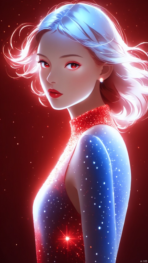  (red light particles:1.5),Light particle skin,Light particle energy fluid,(Light particles covering the body:1.5),Light Particle Art,Light particle effects,1girl,red skin,blue eyes,earrings,jewelry,light particles,parted lips,red hair,solo,Light particles covering the body, glow