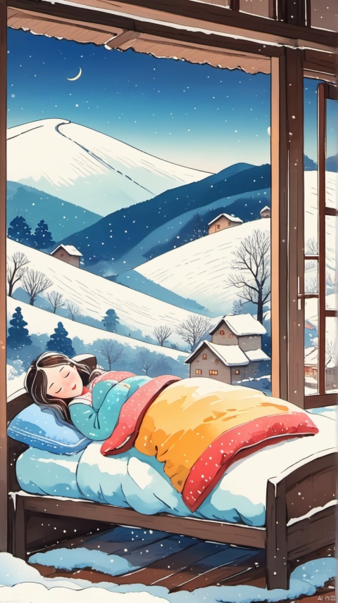 乡村, An idyllic countryside vista with undulating hills and quaint ,illustration,snowing,(((indoors))),(((1 girl lying in the bed,having sweet dreams))),closing Windows