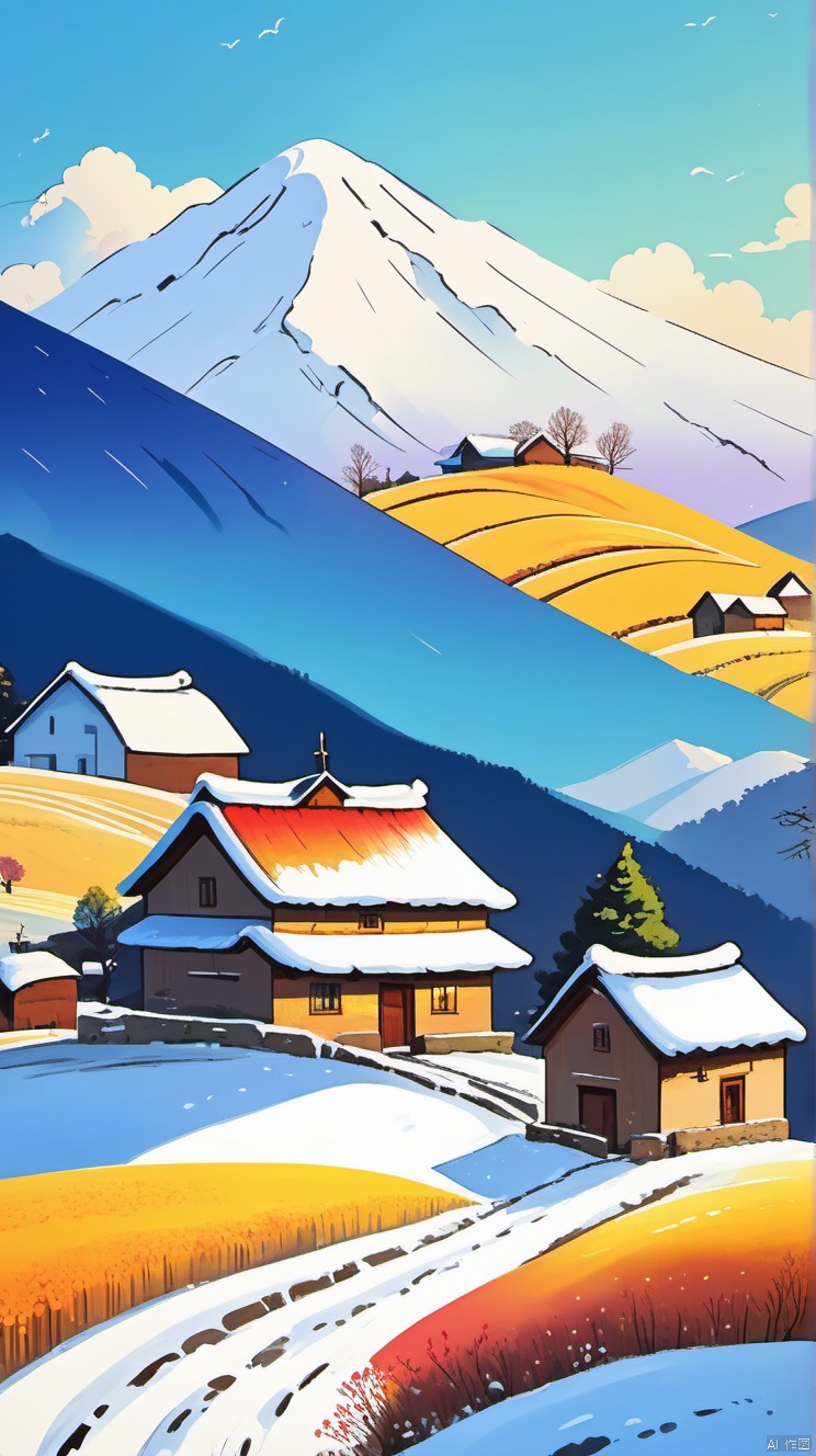 乡村, An idyllic countryside vista with undulating hills and quaint farmhouses, in the style of poster art, hyper-detailed, richly colored skies, colorful, Oilpainting,cozyanimationscenes,illustration,snowing,outdoor,smiling,(an old woman waiting),
