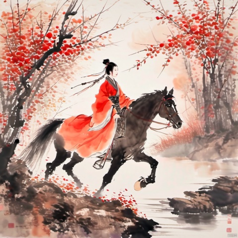  ink-painting,Chinese ink and wash,(1girl:1.5),autumn, autumn_leaves, bare_tree, branch, horseback_riding, outdoors, red_hanfu, solo