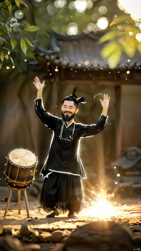  line art, line art stick, bokeh effect, a chinese ancient male hero,slender long black beard,open arms,hold up his head,hitting a large chinese drum on a wood stage,bold crazy excited passionate expression,laughing ,((opened black cloth)),from below,detailed face,chinese ancient house outdoors and many people background,afternoon, ethereal atmosphere, evocative hues, captivating coloration, dramatic lighting, enchanting aura, masterpiece, best quality, epic cinematic, soft nature lights, rim light, amazing, hyper detailed, ultra realistic, soft colors, photorealistic, Ray tracing, Cinematic Light, light source contrast, , graphic