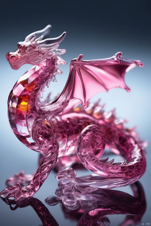  made of glass, blind rosey, highly detailed, macro photography, crystal clear, delicate, intricate, colorful reflections, soft lighting, artstation, 4k resolution,dragon,fire,smile,pink,