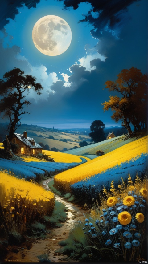  landscape by Gustave Moreau, Thomas Kinkade, James Gurney. Carne Griffiths. Frank Frazetta. van gogh, Alberto Sevesooil paint, masterpiece, Realistic, deep colors, blue tint, only bronze gold moon, night scenery, fields, Field, Intricate, detailed, sharp, clear, Better image quality, harsh brush strokes,广告风,