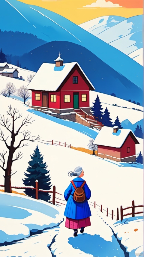乡村, An idyllic countryside vista with undulating hills and quaint farmhouses, in the style of poster art, hyper-detailed, richly colored skies, colorful, Oilpainting,cozyanimationscenes,illustration,snowing,smiling,(an old woman waiting at the door),