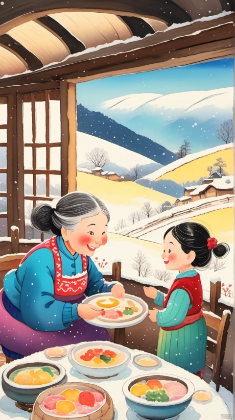乡村, An idyllic countryside vista with undulating hills and quaint ,illustration,snowing,(((indoors))),(((an old woman having dinner with a little girl))),the little girl has black hair,smiling,happy,
