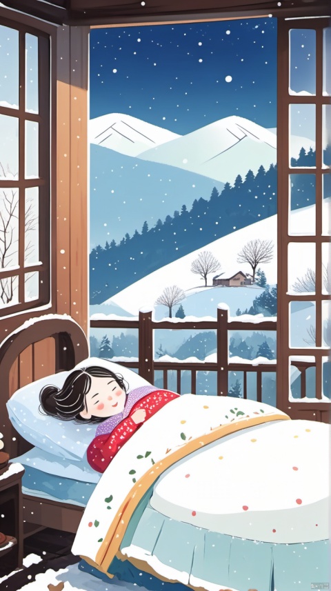 乡村, An idyllic countryside vista with undulating hills and quaint ,illustration,snowing,(((indoors))),(((1 girl lying in the bed,having sweet dreams))),