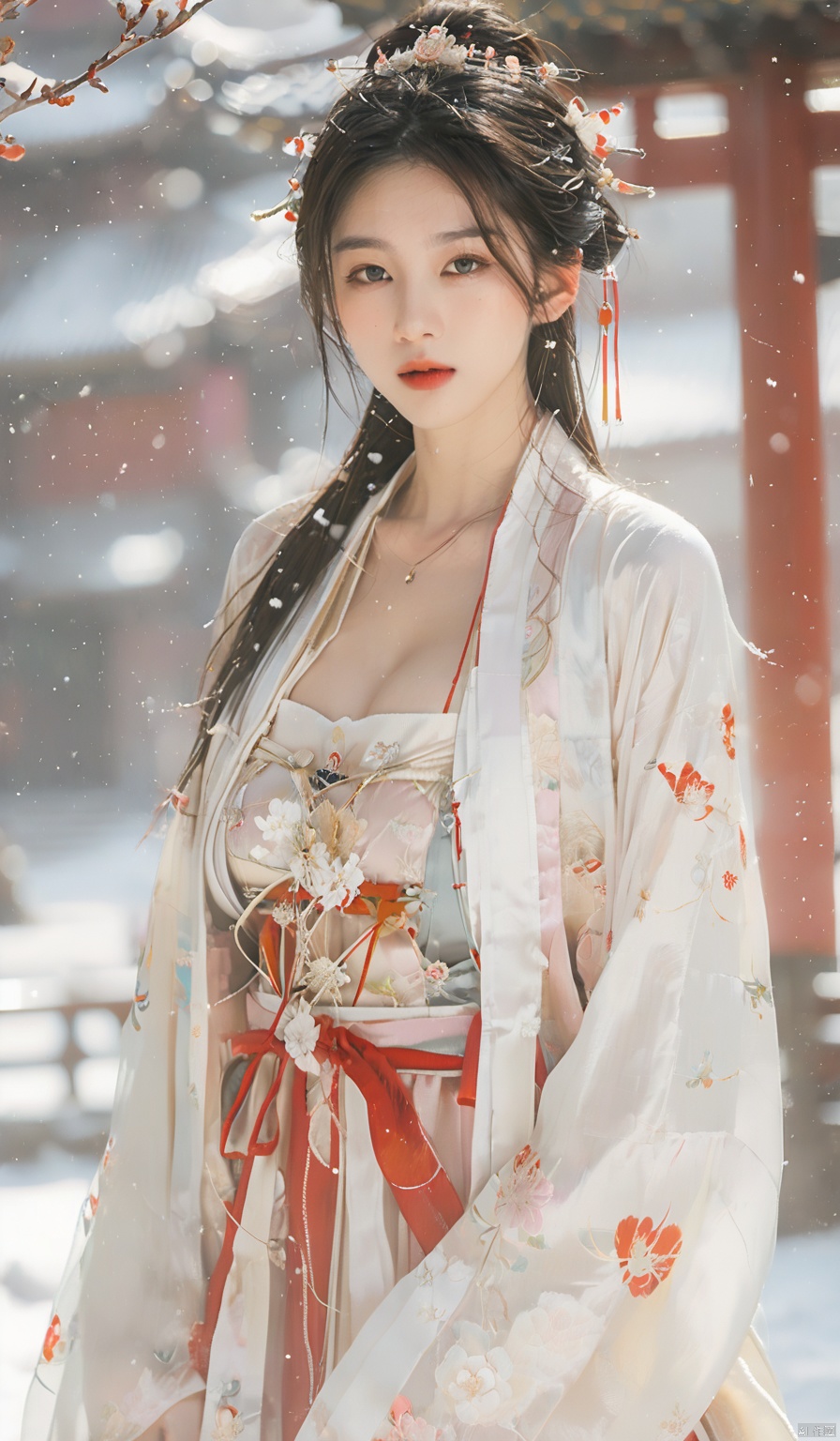  arien_hanfu,1girl,(Masterpiece:1.2), best quality, arien_hanfu,1girl, (falling_snow:1.3), looking_at_viewer,(big breasts:1.88), (plump breasts:1.7),(Tube top Hanfu:1.2),hand101,full body, 1girl
In this masterpiece artwork of the highest quality (Masterpiece version 1.2), an Arien woman dressed in a modernized hanfu style featuring a tube top design (Tube top Hanfu: 1.2) is depicted (arien_hanfu, 1girl). Against a backdrop of falling snowflakes (falling_snow: 1.3), she gazes directly at the viewer (looking_at_viewer), creating a distinct and profound sense of engagement.

The female figure in the painting possesses generously proportioned attributes, characterized by larger-than-average breasts (big breasts: 1.88) and plumpness (plump breasts: 1.7), which harmoniously complement her form-fitting upper garment in traditional Chinese attire.

The composition presents a full-body portrait (full body), with intricate attention given to the detail of the woman's hands identified as hand101,