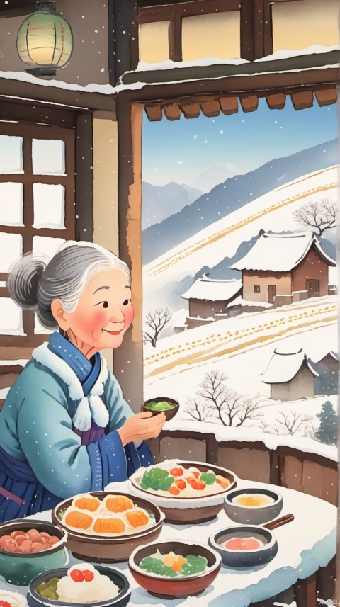 乡村, An idyllic countryside vista with undulating hills and quaint ,illustration,snowing,(((indoors))),(((an old woman having dinner with her granddaughter))),