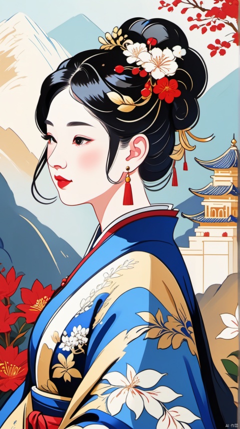 Female profile, glossy black hair, white floral hair accessory, blue Hanfu, golden patterns, red floral designs, tranquil background, mountain contours, classical pagoda, lush vegetation, harmonious colors, artistic style, elegant atmosphere, exquisite details, traditional culture, classical aesthetics, natural scenery, visual balance, high-definition quality, delicate depiction.