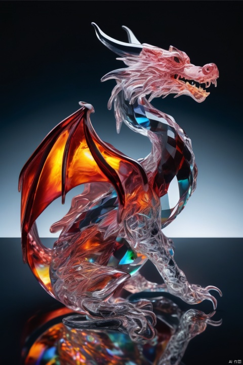  made of glass, blind rosey, highly detailed, macro photography, crystal clear, delicate, intricate, colorful reflections, soft lighting, artstation, 4k resolution,dragon,fire,smile,dark,