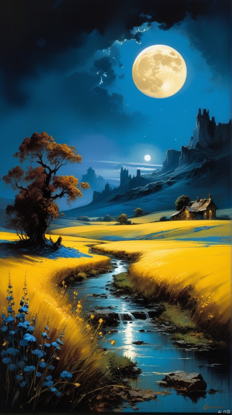  landscape by Gustave Moreau, Thomas Kinkade, James Gurney. Carne Griffiths. Frank Frazetta. van gogh, Alberto Sevesooil paint, masterpiece, Realistic, deep colors, blue tint, only bronze gold moon, night scenery, fields, Field, Intricate, detailed, sharp, clear, Better image quality, harsh brush strokes,插画风,
