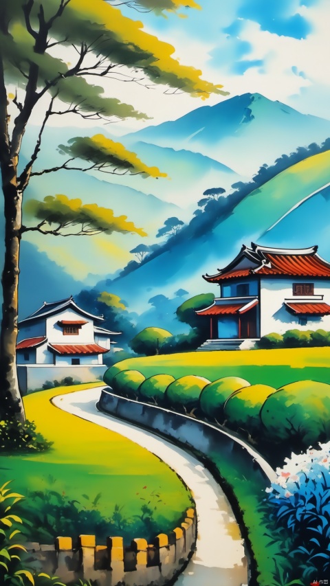  
(ink painting), Tea culture, (masterpiece), (quality), children's painting, Lingnan House, blue wallboard, located, side, road, surrounded, surrounded by lush tea fields, green grass, trees, background, creation, idyllic rural environment, small fence, close look, rural charm, main house, visible two small houses, further down, road, one closer, Left edge, scene, another orientation, right, home contribution, overall picturesque, rural area,