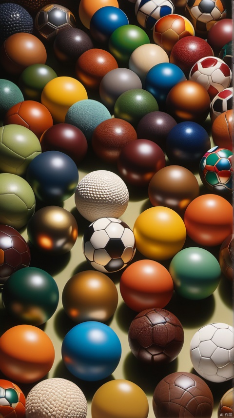 A realistic depiction of a variety of balls spread across the ground, each ball uniquely designed without repetition. The balls vary in material, color, size, and pattern - some metallic and smooth, others leather with intricate designs; a spectrum of colors from vivid to muted; sizes ranging from a few centimeters to several tens of centimeters. The background is either an open grassy field or a wooden floor indoors, simple in color and texture to highlight the diversity of the balls. Lighting is natural or soft artificial, casting subtle shadows on the balls to enhance their three-dimensional appearance and texture details. The painting evokes a sense of exploration and discovery, with each ball resembling a small universe. The style is hyper-realistic, focusing on intricate details and textures, making each ball appear lifelike as if it could roll off the canvas.