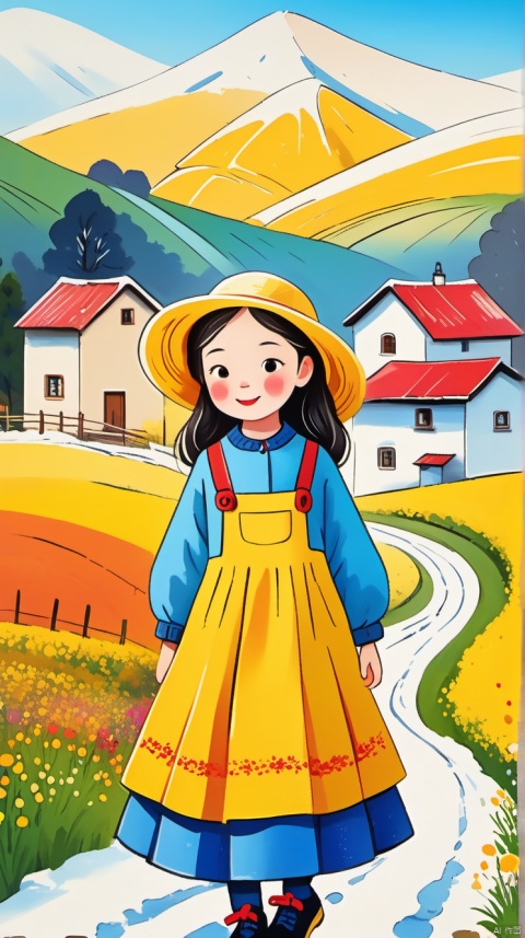 乡村, An idyllic countryside vista with undulating hills and quaint farmhouses, in the style of poster art, hyper-detailed, richly colored skies, colorful, Oilpainting,cozyanimationscenes,illustration,snowing,1girl,black shoes,blue dress,yellow hat,