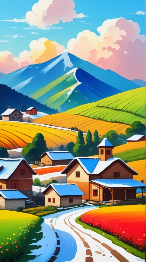 乡村, An idyllic countryside vista with undulating hills and quaint farmhouses, in the style of poster art, hyper-detailed, richly colored skies, colorful, Oil painting, cozyanimationscenes,illustration,雪景