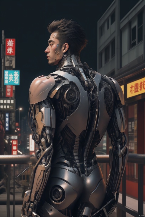 cyborg, hongkong, city, 1guy, handsome, big muscle, loveanddeath, heart, side_view, looking_down