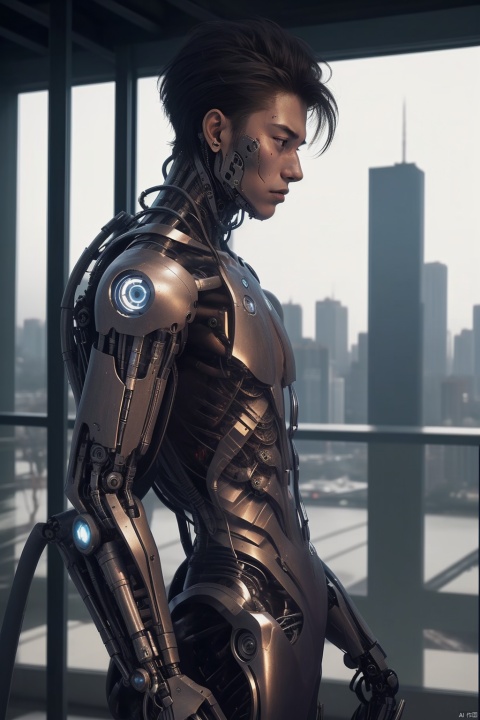 cyborg, cityview, 1boy, muscle, loveanddeath, heart, side_view