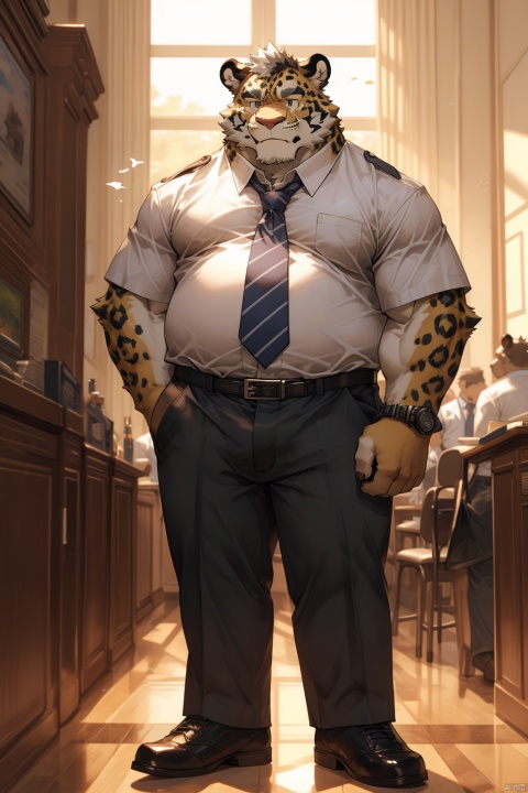 leopardman, uncle, furry, gentle, mature, male, tall, slightly overweight, very muscular physique with adipose tissue, wearing white shirt, shirt stuck into pants, tie, leather shoes, class_room, teacher, standing, kemono, nj5furry, front_view, custom_penis