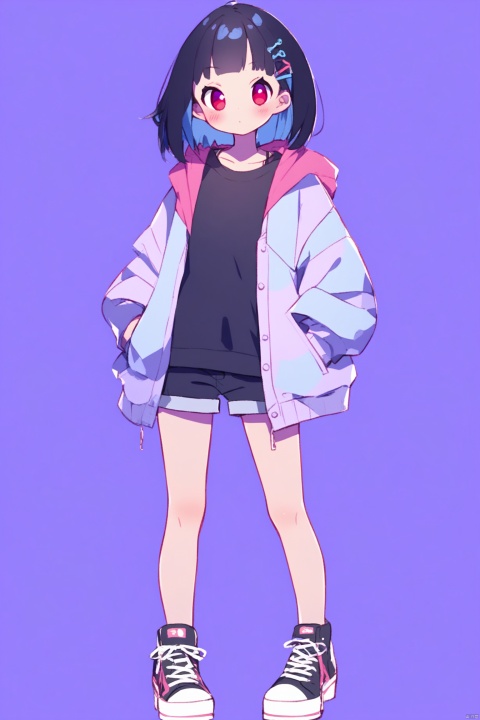 1girl, solo, looking at viewer, blush, short hair, bangs, simple background, shirt, black hair, hair ornament, red eyes, long sleeves, white background, closed mouth, blue hair, standing, jacket, full body, multicolored hair, open clothes, shoes, shorts, open jacket, black shirt, short shorts, shadow, black shorts, sneakers, hands in pockets