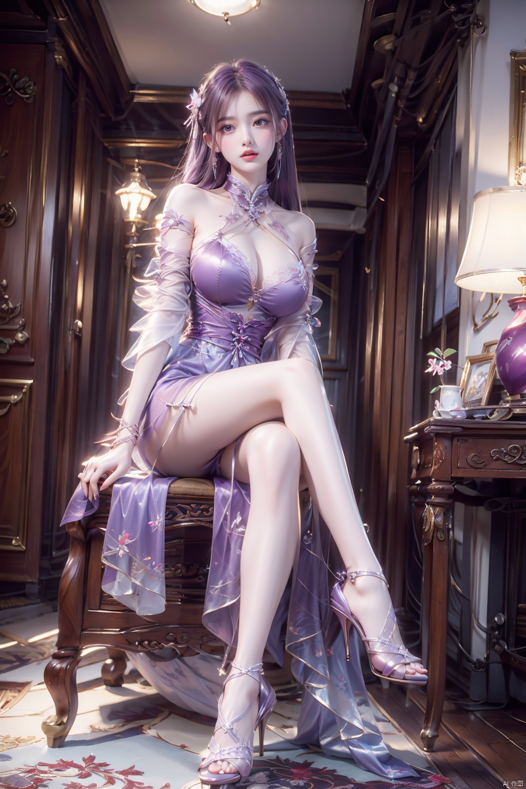 1 girl, purple hair, big breasts, sitting posture, whole body, indoors, high heels, crossed legs, white lace dress,Hair accessories, tattoo charmer