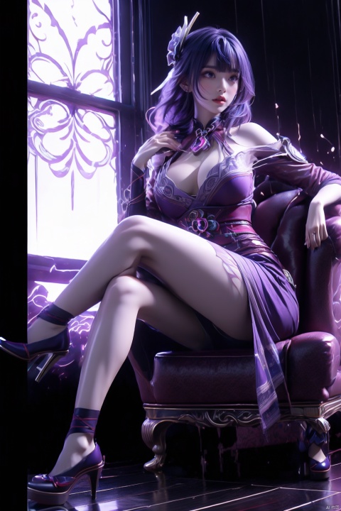 1 girl, purple hair, big breasts, sitting posture, whole body, indoors, high heels, crossed legs, white lace dress,Hair accessories, tattoo charmer