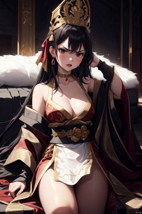  A 15-year-old female emperor, wearing a golden dragon robe, with black hair like a waterfall, elegant and moving, gorgeous red lips, oval face, black eyes, angry expression (1.5), trembling all over (1.3) in the palace (1.3)