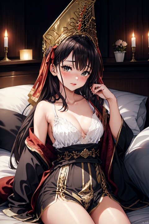 The fifteen-year-old female emperor, wearing a dragon robe, with flowing black hair like a waterfall, and gorgeous red lips, is lying on a chair (1.3), crying (1.5), with an oval face and black eyes.