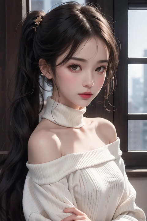 miko,1girl, solo,Off Shoulder,silk stockings,twintails, hair ornament, looking at viewer, brown eyes, long hair, closed mouth, sweater, turtleneck, black hair, blush, forehead, upper body, turtleneck sweater, white sweater, leg, 1 girl