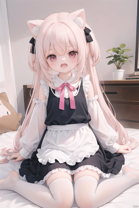  animal ears,bag,bangs,bare shoulders,bell,blonde hair,blush,braid,breasts,cat tail,flower,frilled apron,frills,hair ornament,long hair,long sleeves,looking at viewer,omochi,open mouth,pink ribbon,red eyes,ribbon,short sleeves,sitting,sleeveless shirt,solo,very long hair,white thighhighs,masterpiece, best quality, highres,omochi