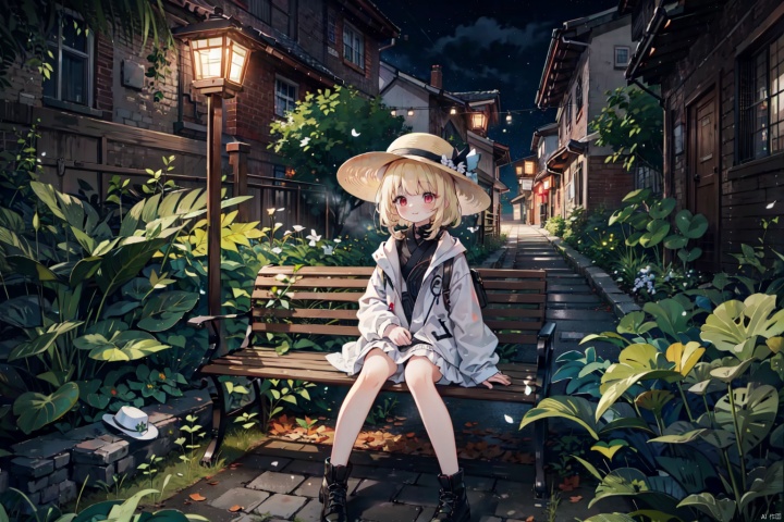 Cute girl, in light clothes, white hat, bob blonde hair, red eyes, (night:1.5), street, lantern, light from a lantern, smile,it's dark around, park, sitting on bench, spring, green leaves on the path, 4k, 8k, masterpiece, ultra quality, intricate details, detailed and complex background, High detailed, backlight, hanasakichu