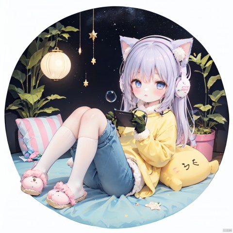  cat girl, solo, gloves, fluffy clothes, pants, sweater, sleeves, socks, slippers, pastel colors, (purple, blue, pink, yellow), cozy, dreamy, stars, stickers, bubbles, glitter, sparkles, plushies, headphones, loli