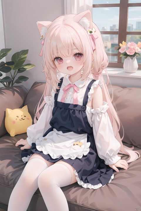  animal ears,bag,bangs,bare shoulders,bell,blonde hair,blush,braid,breasts,cat tail,flower,frilled apron,frills,hair ornament,long hair,long sleeves,looking at viewer,omochi,open mouth,pink ribbon,red eyes,ribbon,short sleeves,sitting,sleeveless shirt,solo,very long hair,white thighhighs,masterpiece, best quality, highres,omochi