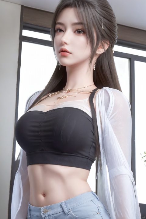  (1girl: 1.2), (breasts: 1.2), (underboob: 1.2), (navel: 1.2), (solo: 1.1), (looking_at_viewer), crop_top, rating:safe, short_sleeves, long_hair, shirt, medium_breasts, hair_tie, bangs, upper_body, stomach, lips, black_shirt, collared_shirt, realistic, hair_over_shoulder, closed_mouth, blunt_bangs, midriff