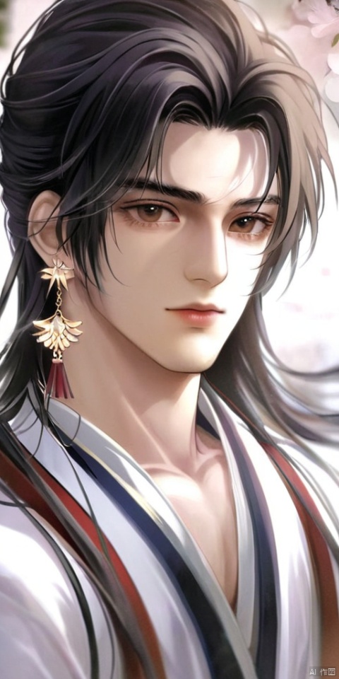 solo, long hair, looking at viewer, black hair, 1boy, brown eyes, jewelry, closed mouth, upper body, male focus, earrings, tassel, bishounen, tassel earrings