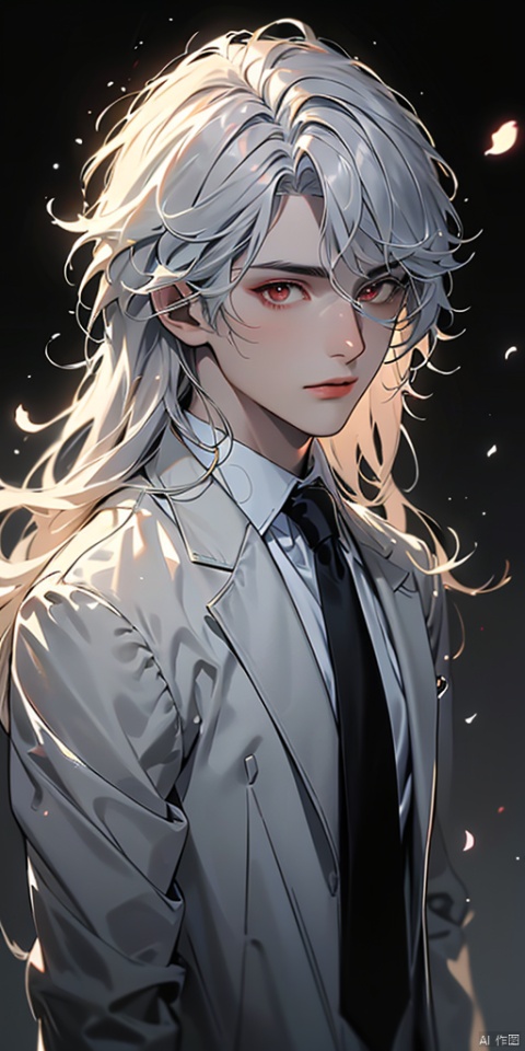 solo, long hair, bangs, shirt, red eyes, 1boy, closed mouth, jacket, white shirt, upper body, white hair, male focus, necktie, collared shirt, grey background, gradient, parted bangs, petals, gradient background, formal, white jacket, suit, portrait, black necktie