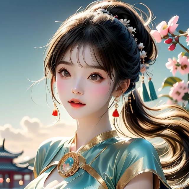 Ultra fine painting, a beautiful girl with a slim face, black eyes, black and white gradient long hair, peach blossom, half body lens, ponytail, tassels, decoration, wearing a light blue dress adorned with jewelry, gazing at the sky, calm, light: soft, scene Eastern architecture, moonlight, ultra fine, 2K, ultra clear,