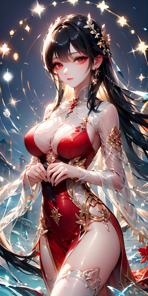  1girl, solo, long hair, breasts, looking at viewer, black hair, hair ornament, dress, jewelry, upper body, earrings, sky, red dress, hand on own chest, MeiDuSa, xinyue
